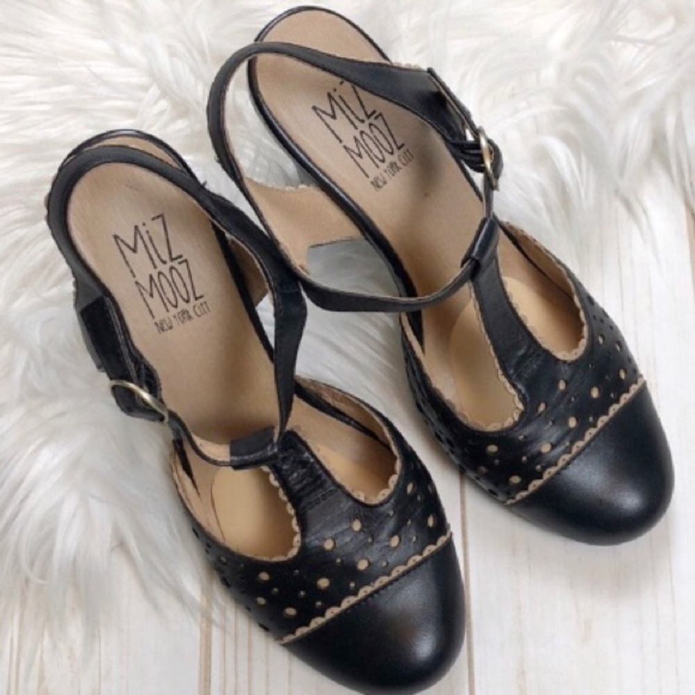 Miz Mooz T-Strap Leather Pumps with Scallop Detail